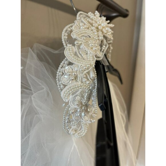 Vintage 1990s Beaded Bridal Headband Veil Cream Tulle Two Tier Mid Length - Picture 6 of 16